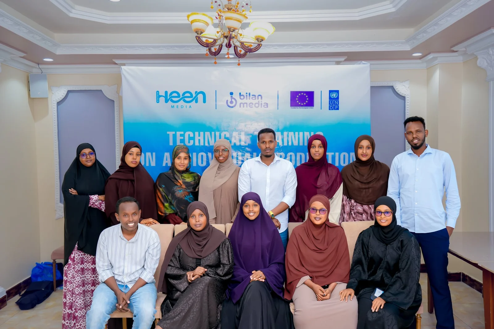 Participants and trainers of the Technical Training on Audiovisual Production for Bilan Media at Jowhara International Hotel in Mogadishu.
