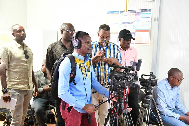 Journalists recording a conference in Mogadishu.